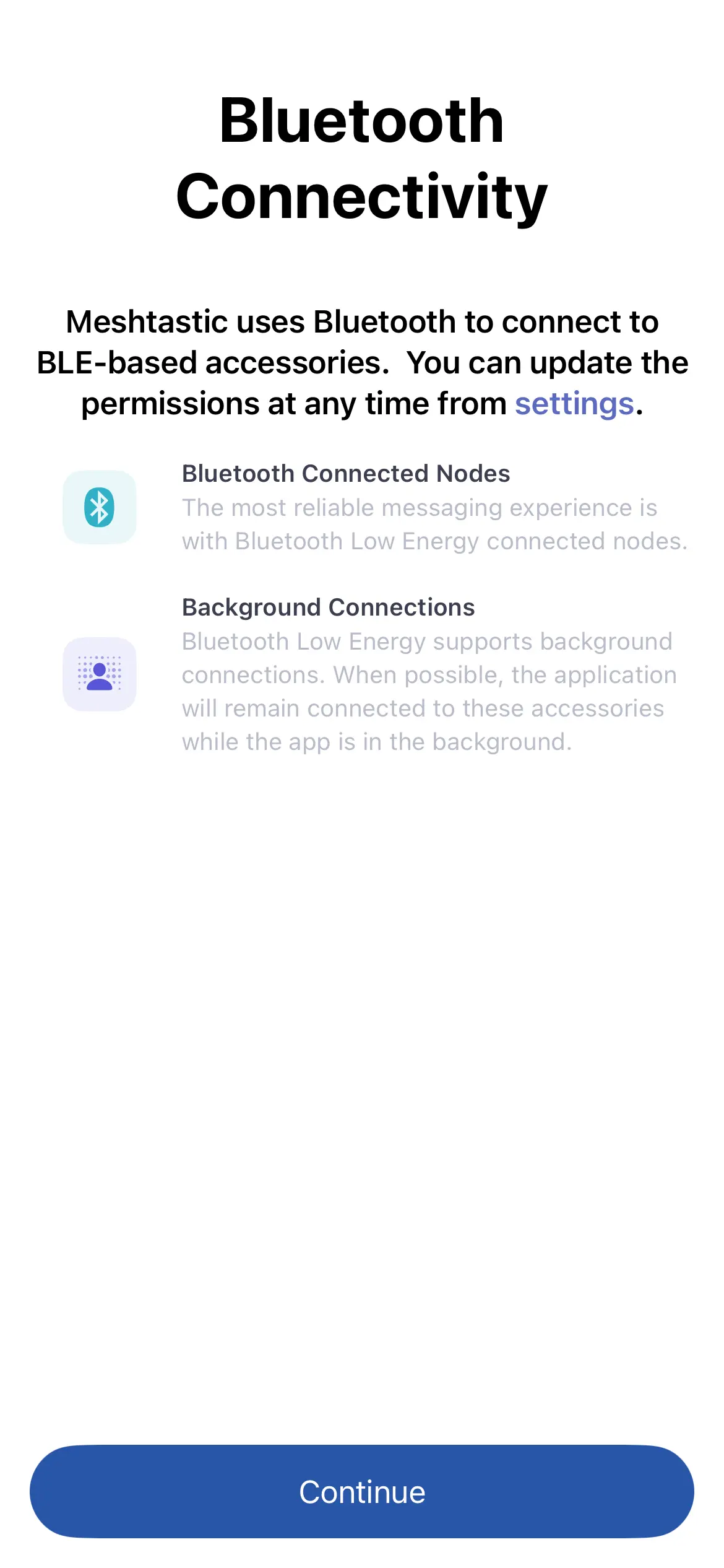 Meshtastic Apple app setup screen requesting Bluetooth access